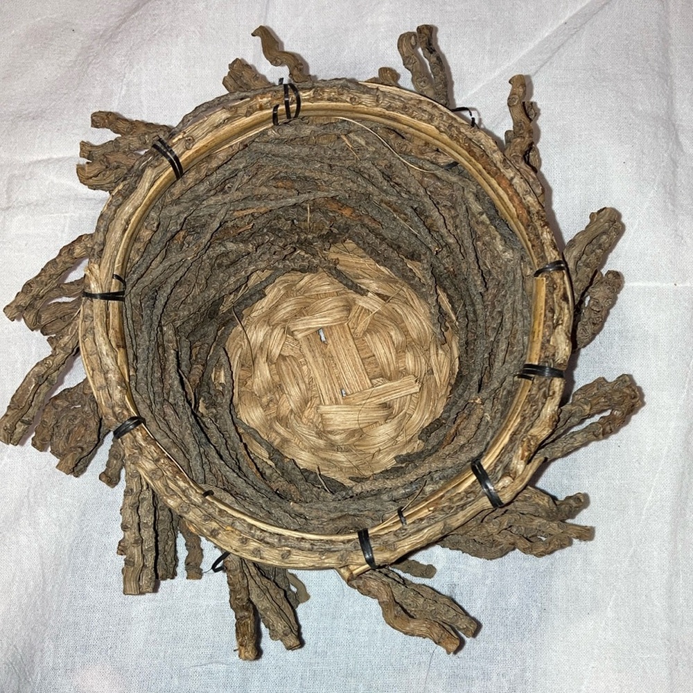 Brown Woven Basket with Shaggy Twig Accents Unique OOAK Basket Farmhouse Basket